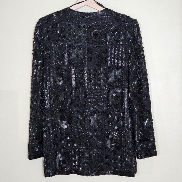 Joan Leslie Talbots Jacket Womens L Petite Black Top Sequins Beads Silk LS Vtg - Picture 2 of 16